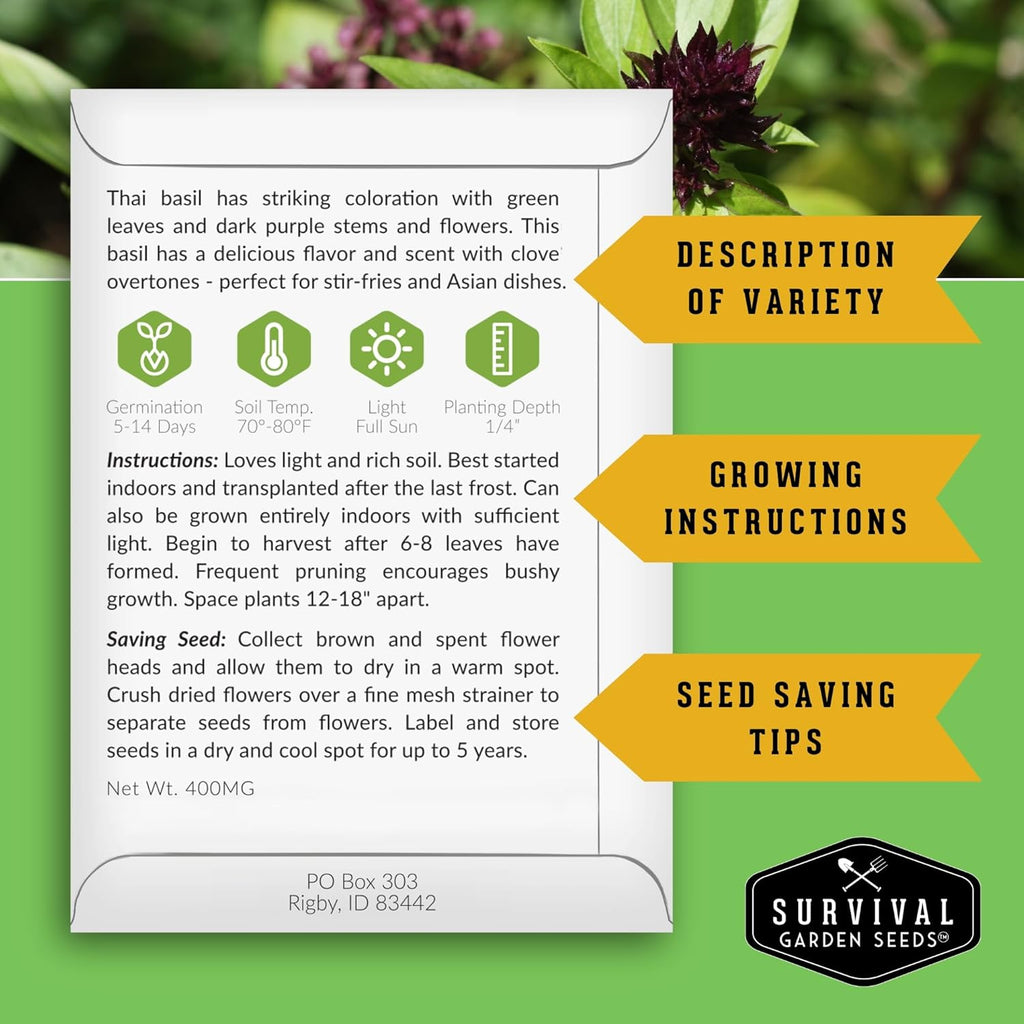 SURVIVAL GARDEN SEEDS 200+ Seeds- Thai Basil Seed For Planting -Grow Asian Basil Indoors Or Outdoors In Your Home Garden - Non-Gmo Heirloom Variety - 1 Pack